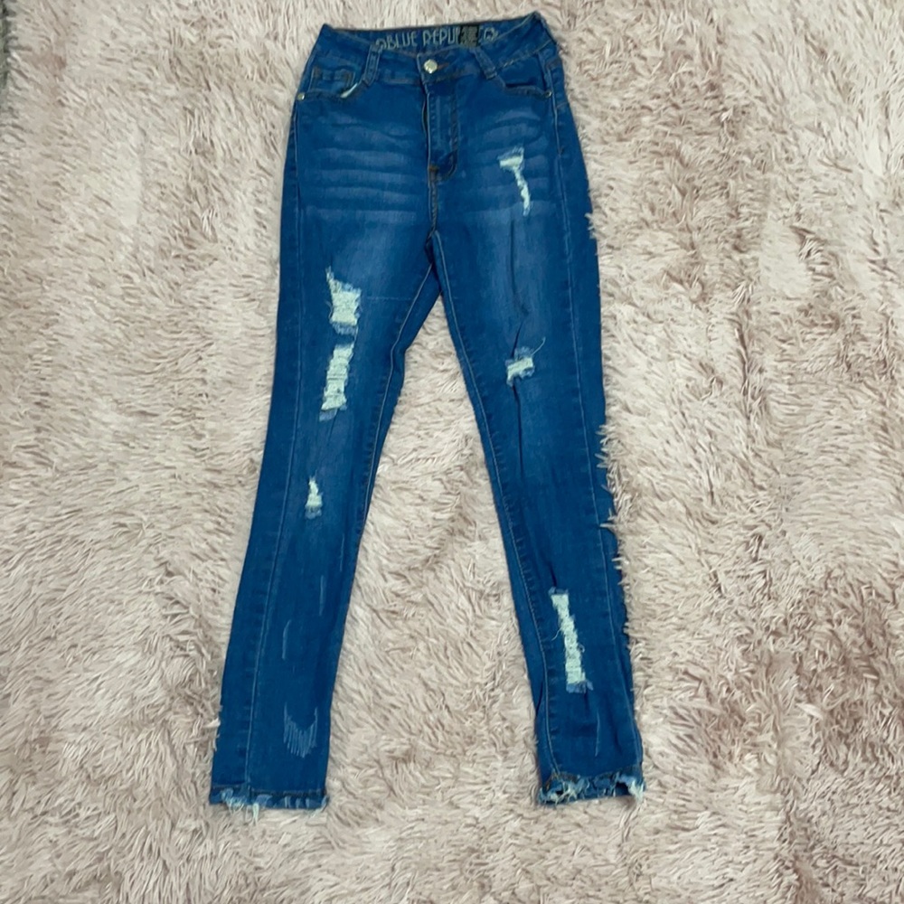 blue high waisted ripped jeans